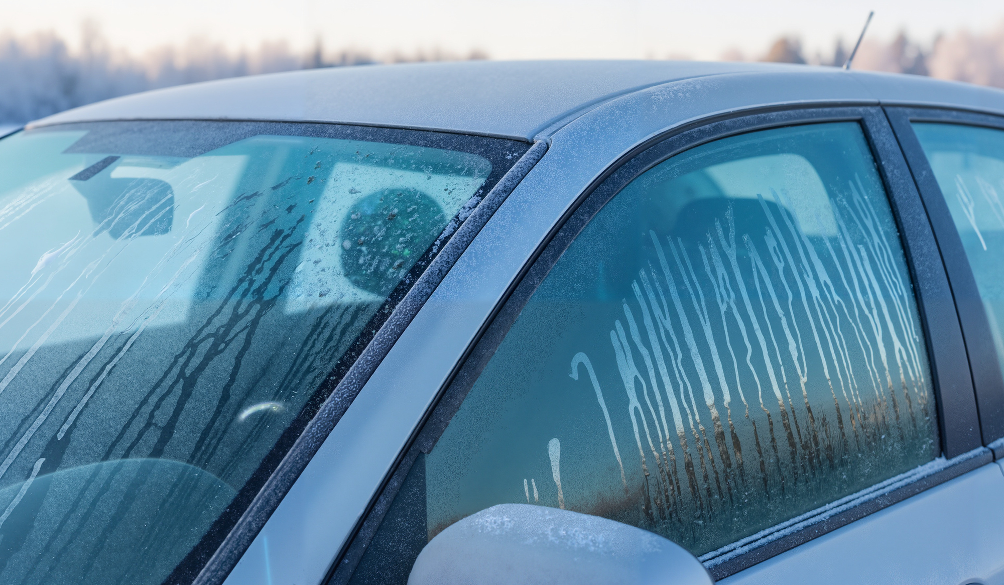 Frosted windshield with streaks from defrosting, illustrating cold weather effects on auto glass in Florida.