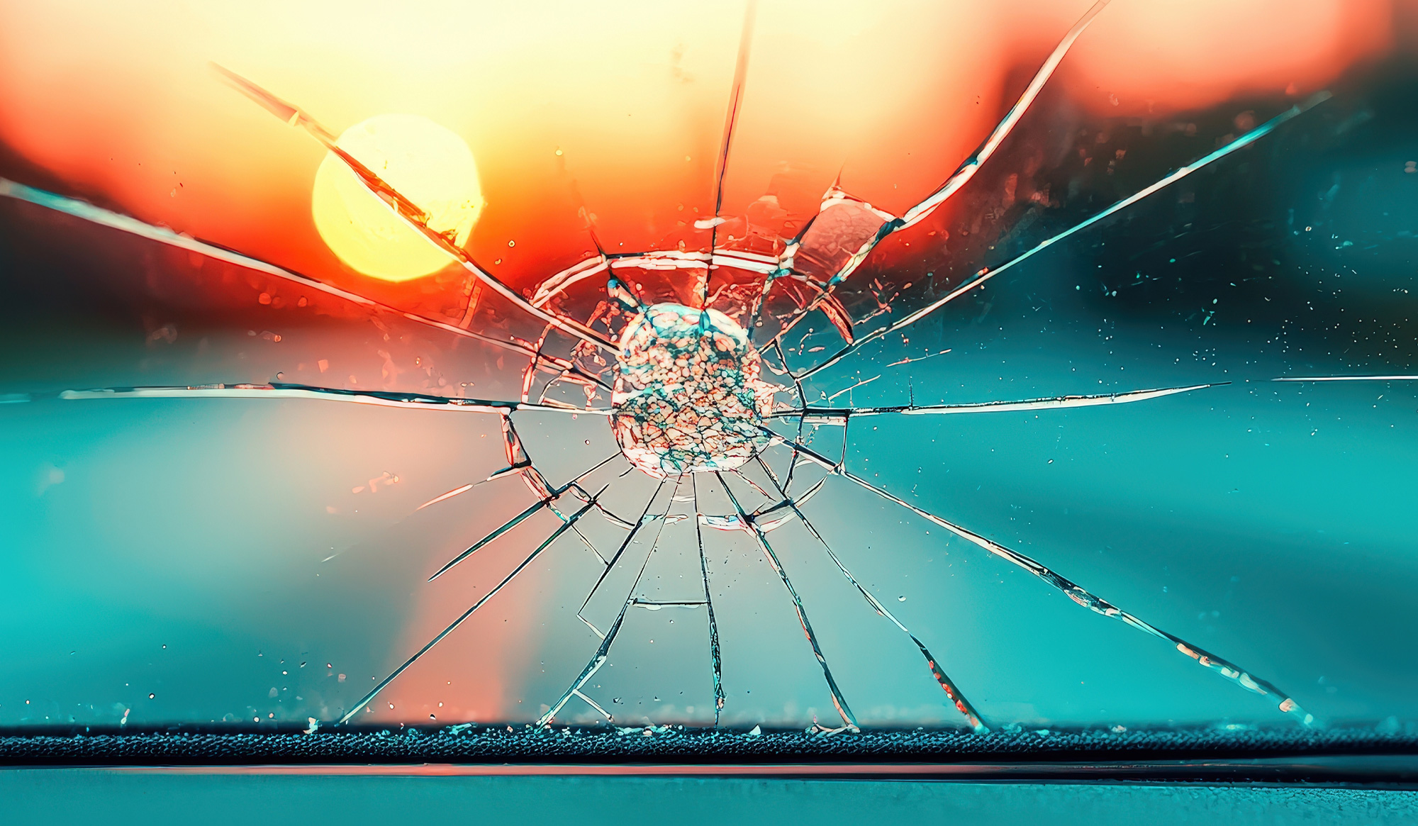 Close-up of a cracked windshield with a circular chip, reflecting sunset colors, highlighting the importance of timely auto glass repair during Florida's holiday travel season.